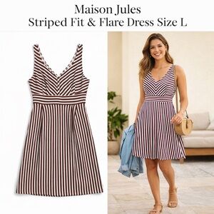 Maison Jules Striped Fit & Flare Dress Size L Red Black White V-Neck Sleeveless
